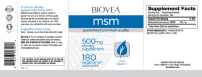 Photo of the BIOVEA MSM 500 mg label