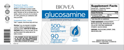 Photo of the BIOVEA Glucosamine 500 mg label