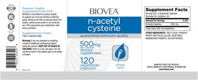 Photo of the BIOVEA N-Acetyl Cysteine 500 mg label