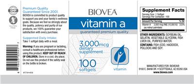 Photo of the BIOVEA Natural Vitamin A 3,000 mcg label