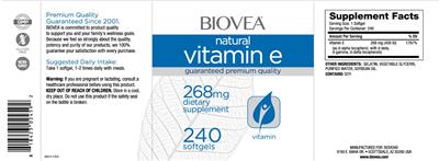 Photo of the BIOVEA Natural Vitamin E 268 mg label