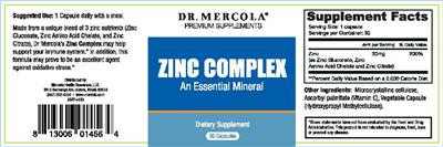 Photo of the Dr. Mercola Premium Supplements Zinc Complex label