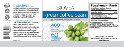 Photo of the BIOVEA Green Coffee Bean 400 mg label