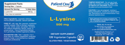 Photo of the Patient One 1 MediNutritionals L-Lysine 500 mg label