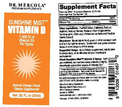 Photo of the Dr. Mercola Sunshine Mist Vitamin D Natural Orange Flavor label