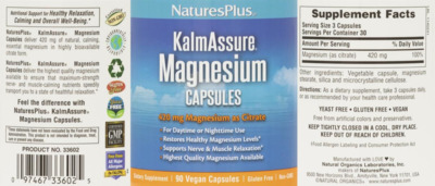 Photo of the NaturesPlus KalmAssure Magnesium Capsules label