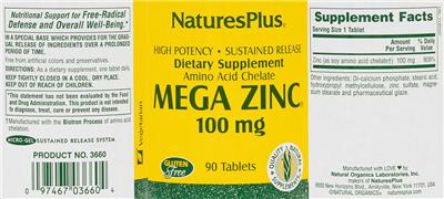 Photo of the NaturesPlus Mega Zinc 100 mg label