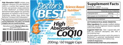 Photo of the Doctor's Best High Absorption CoQ10 200 mg label