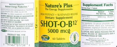 Photo of the Nature's Plus Shot-O-B12 5000 mcg label