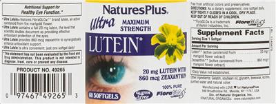Photo of the NaturesPlus Ultra Maximum Strength Lutein label