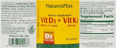 Photo of the NaturesPlus Vit D3 1000 IU (25 mcg) + Vit K2 100 mcg label