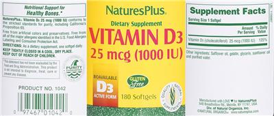 Photo of the NaturesPlus Vitamin D3 25 mcg (1000 IU) label