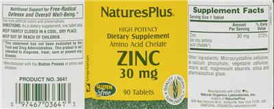 Photo of the NaturesPlus Zinc 30 mg label