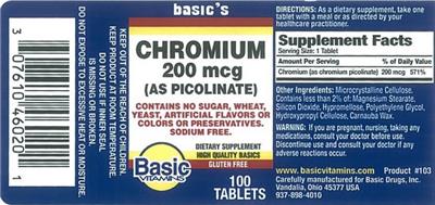 Photo of the Basic Vitamins Chromium 200 mcg label