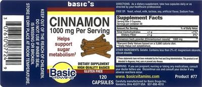 Photo of the Basic Vitamins Cinnamon 1000 mg label