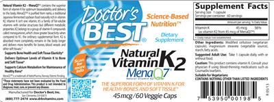 Photo of the Doctor's Best Natural Vitamin K2 45 mcg label