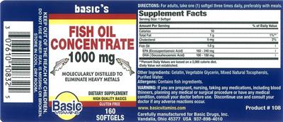 Photo of the Basic Vitamins Fish Oil Concentrate 1000 mg label