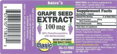 Photo of the Basic Vitamins Grape Seed Extract 100 mg label