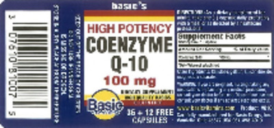 Photo of the Basic Vitamins High Potency Coenzyme Q-10 100 mg label