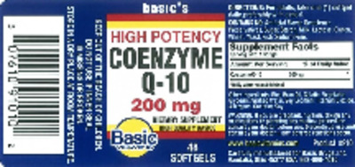 Photo of the Basic Vitamins High Potency Coenzyme Q-10 200 mg label
