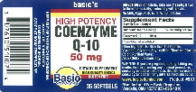 Photo of the Basic Vitamins High Potency Coenzyme Q-10 50 mg label