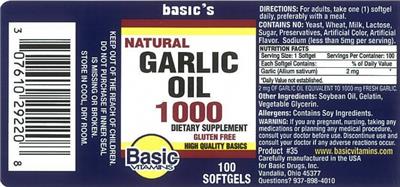 Photo of the Basic Vitamins Natural Garlic Oil 1000 label