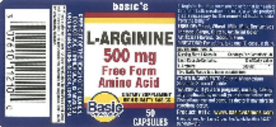 Photo of the Basic Vitamins L-Arginine 500 mg label