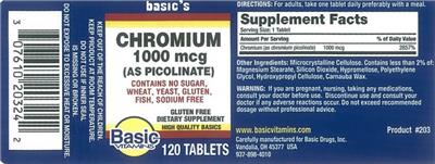 Photo of the Basic Vitamins Chromium 1000 mcg label