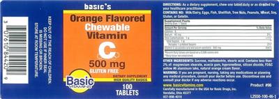 Photo of the Basic Vitamins Chewable Vitamin C 500 mg Orange Flavored label