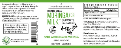 Photo of the Sweetbottoms Naturals Moringa for Milk Premium 500 mg label