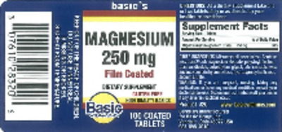 Photo of the Basic Vitamins Magnesium 250 mg label