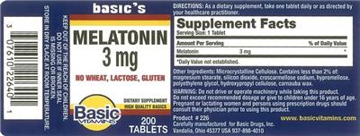 Photo of the Basic Vitamins Melatonin 3 mg label