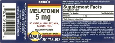 Photo of the Basic Vitamins Melatonin 5 mg label