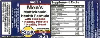 Photo of the Basic Vitamins Men's Multivitamin Health Formula with Lycopene label