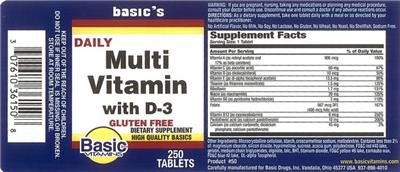 Photo of the Basic Vitamins Daily Multi Vitamin with D-3 label