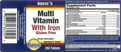 Photo of the Basic Vitamins Multi Vitamin with Iron label