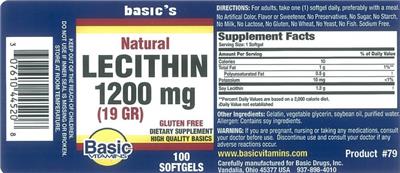 Photo of the Basic Vitamins Natural Lecithin 1200 mg (19 gr) label