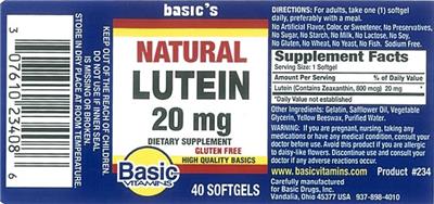 Photo of the Basic Vitamins Natural Lutein 20 mg label