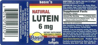 Photo of the Basic Vitamins Natural Lutein 6 mg label
