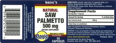 Photo of the Basic Vitamins Natural Saw Palmetto 500 mg label