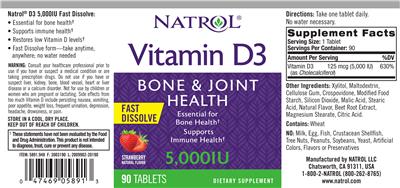 Photo of the Natrol Vitamin D3 5,000 IU Fast Dissolve Strawberry Natural Flavor label