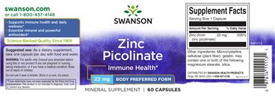 Photo of the Swanson Zinc Picolinate 22 mg label