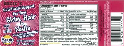 Photo of the Basic Vitamins Nutritional Support for Your Skin, Hair + Nails label