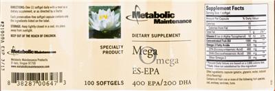 Photo of the Metabolic Maintenance Mega Omega ES-EPA label