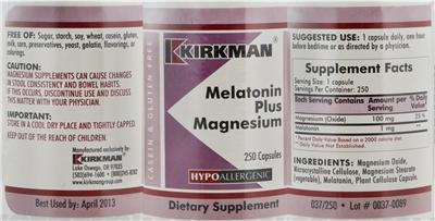 Photo of the Kirkman Melatonin Plus Magnesium label