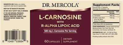 Photo of the Dr. Mercola L-Carnosine 500 mg with R-Alpha Lipoic Acid label