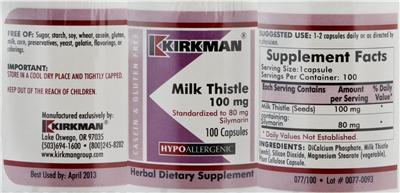 Photo of the Kirkman Milk Thistle 100 mg label