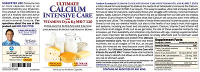 Photo of the ProCaps Laboratories Ultimate Calcium Intensive Care with Vitamins D3 & K2 MK-7 120 label