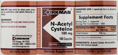 Photo of the Kirkman N-Acetyl Cysteine 100 mg label