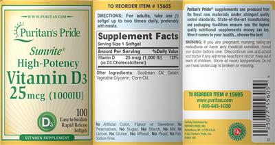 Photo of the Puritan's Pride Sunvite High-Potency Vitamin D3 25 mcg (1000 IU) label